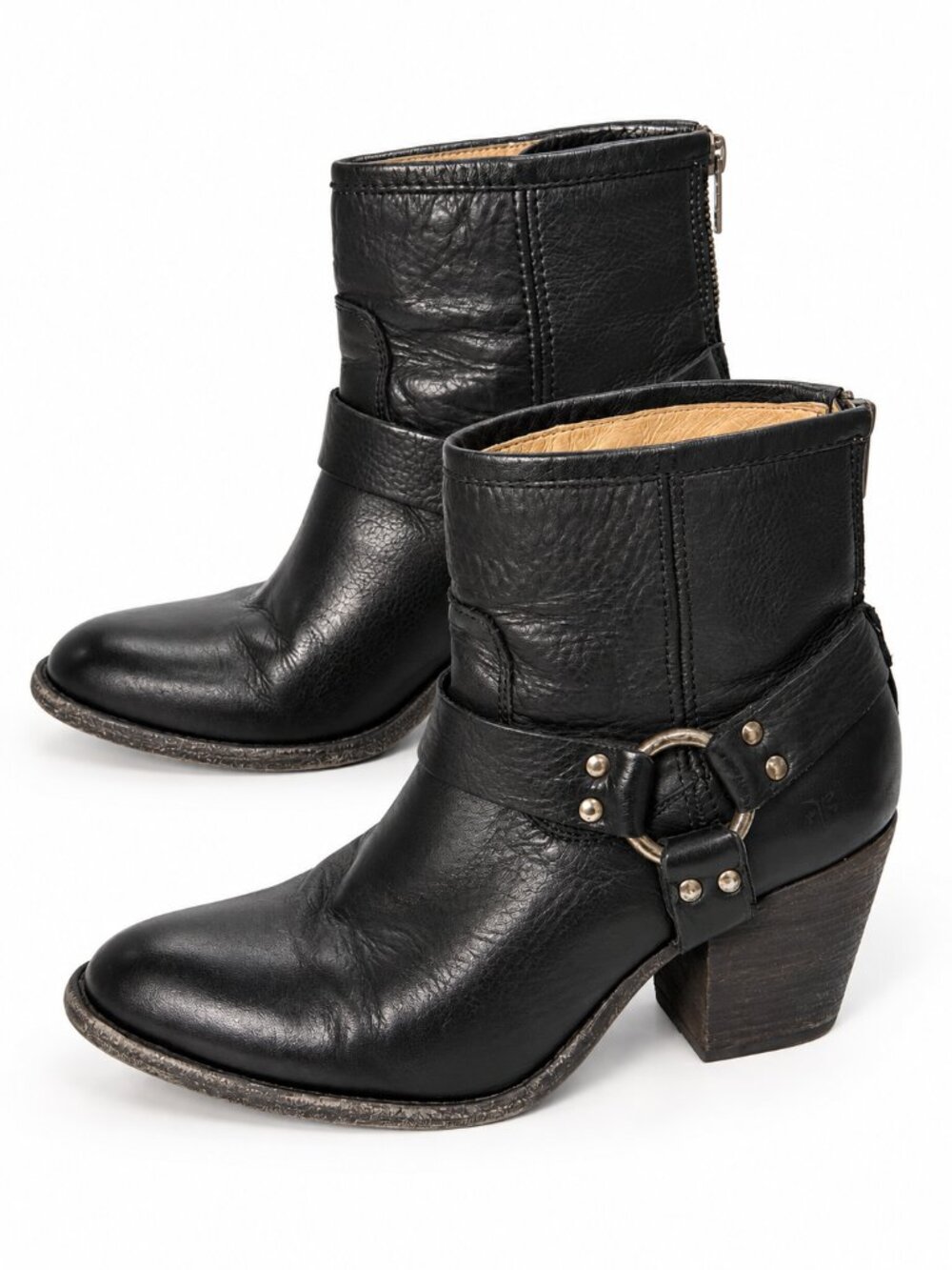 Frye Dara Harness Short Boots in Black Leather, size 8